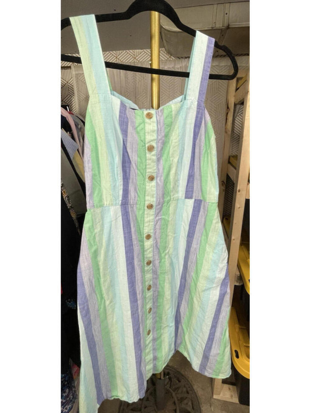 Talbots Dress 10 Green Purple Stripe 100% Cotton Fit Flare Sundress Pocket Midi